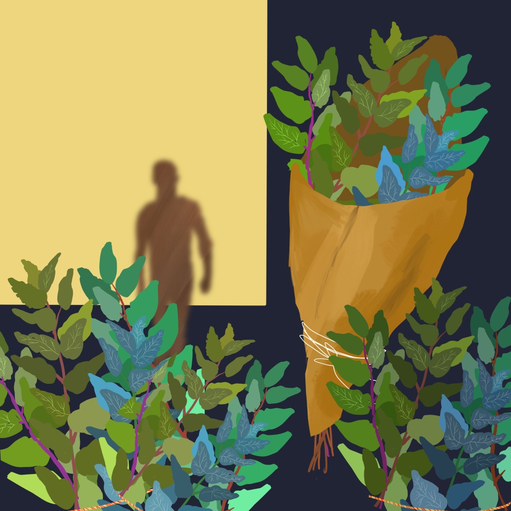 illustration of a navy blue block with herbs wrapped in paper flanking a pale yellow square with the silhouette of a man walking into the light 