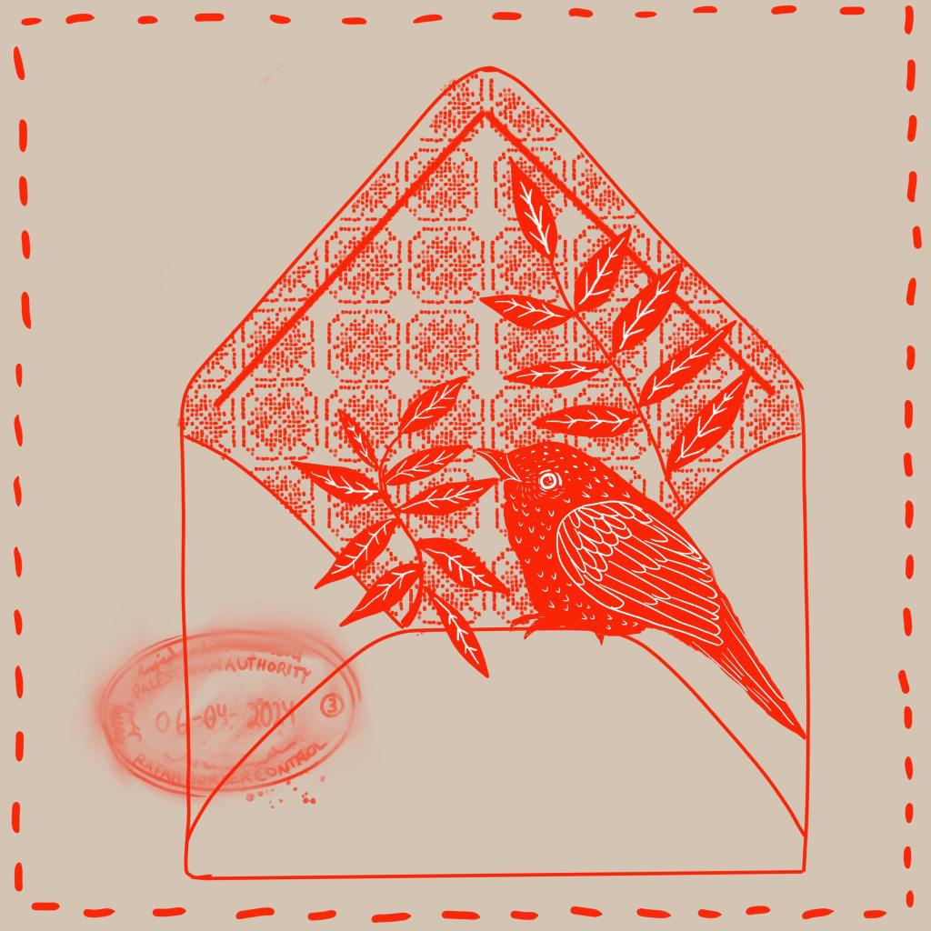 Red and cream illustration of an envelope open with a tatreez pattern inside and a rock sparrow sitting on the seam amongst a few branches. A stamp on the side of the envelope 