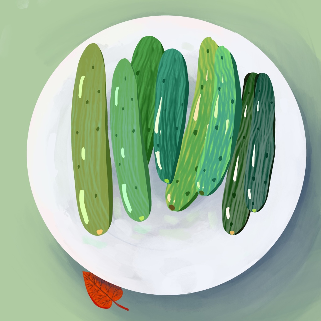 illustration of a white platter of small cucumbers of different shades of green with a small red leaf on the bottom left 