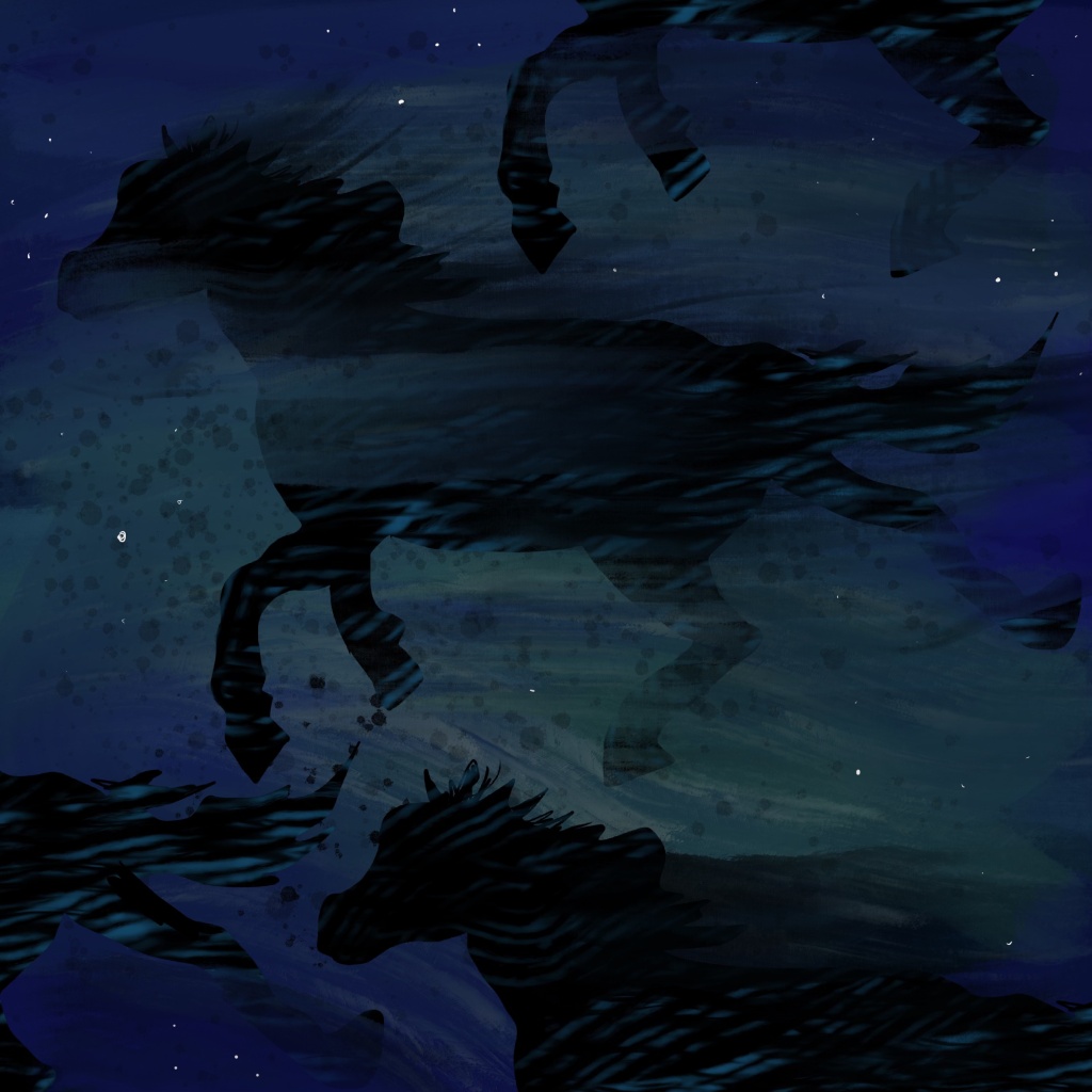 an illustration of black horses swimming through an inky indigo ocean speckled with little white dots